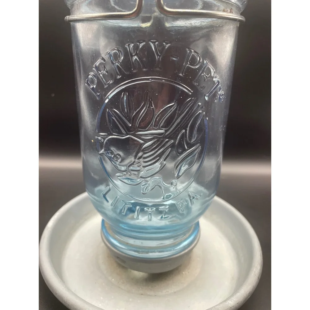 Perky-Pet Blue Glass Bird Waterer Hanging Feeder Galvanized Metal Base Lititz PA